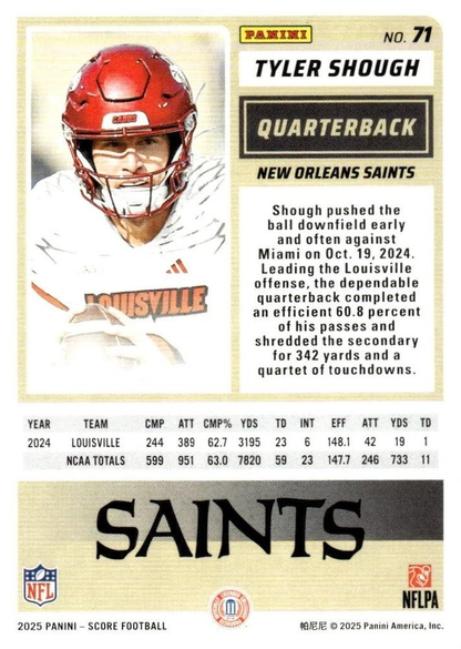 2025 Panini Score Tyler Shough RC #71 New Orleans Saints