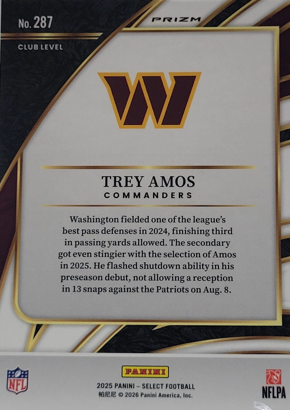 2025 Panini Select Trey Amos #287 Washington Commanders