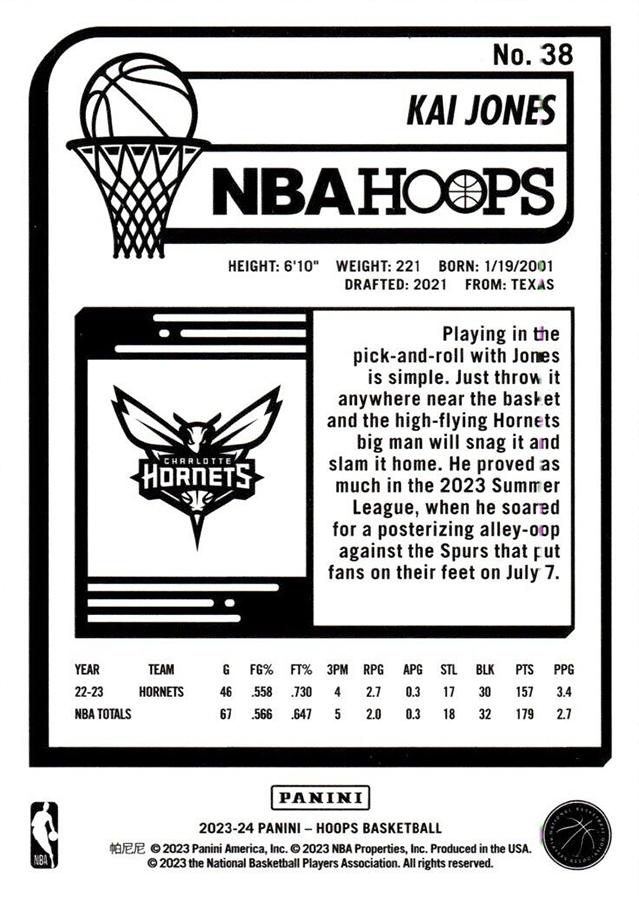2023 Panini Hoops Kai Jones #38 Charlotte Hornets