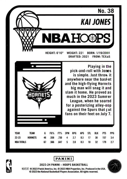 2023 Panini Hoops Kai Jones #38 Charlotte Hornets