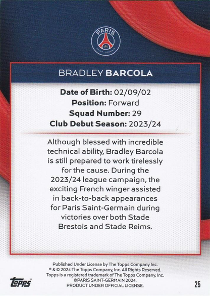 2023 Topps PSG Team Set Bradley Barcola #25 Paris Saint-Germain
