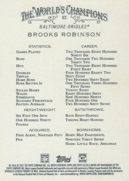 2021 Topps Allen & Ginter Brooks Robinson Baltimore Orioles #83