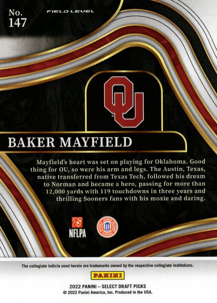 2022 Panini Select Draft Picks Blue Baker Mayfield #147 Oklahoma Sooners