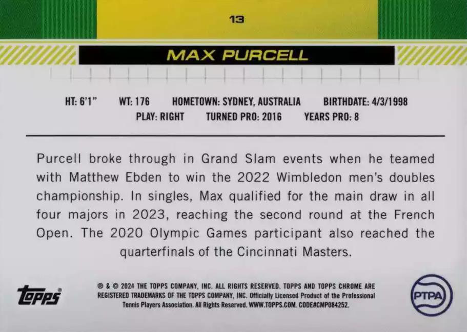 2024 Topps Chrome Tennis Max Purcell #13
