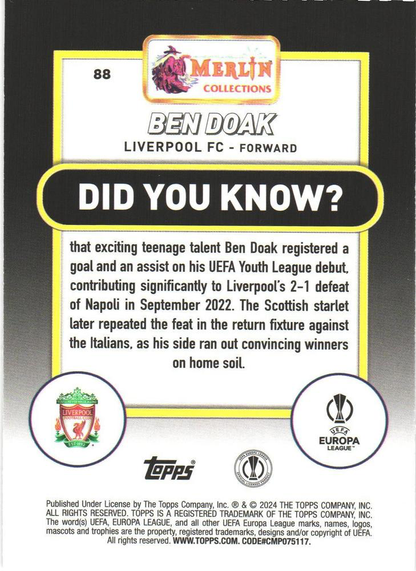 2023 Topps Merlin Chrome UCC Ben Doak RC #88 Liverpool