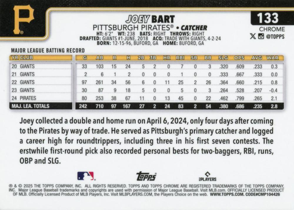 2025 Topps Chrome MLB Joey Bart #133 Pittsburgh Pirates