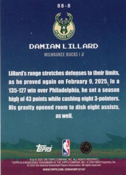2025 Topps NBA 8-Bit Ballers Damian Lillard 8B-8 Milwaukee Bucks