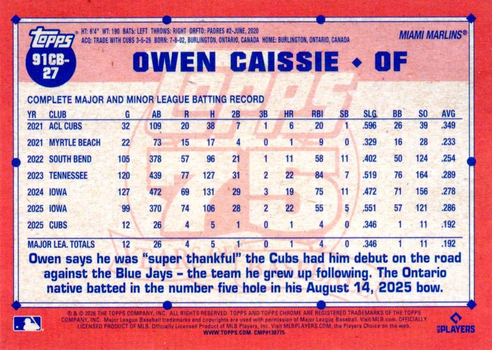 2026 Topps Chrome 1991 35th RC Owen Caissie #91CB-27 Miami Marlins