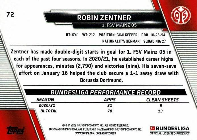 2021 Topps Chrome Bundesliga Robin Zentner #72 1. FSV Mainz 05