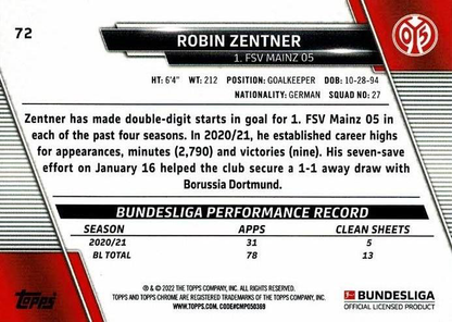 2021 Topps Chrome Bundesliga Robin Zentner #72 1. FSV Mainz 05