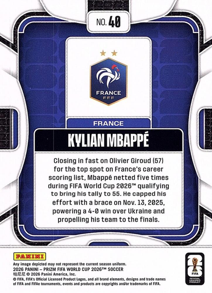 2026 Panini Prizm World Cup Kylian Mbappe #40 France