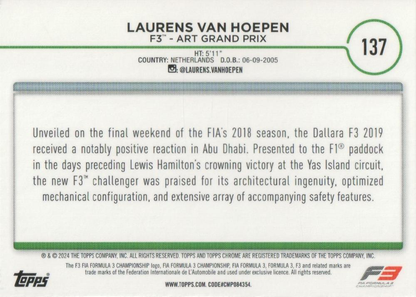 2024 Topps Chrome Formula 1 Laurens Van Hoepen F3C #137 ART Grand Prix