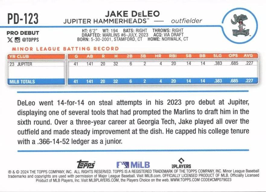 2024 Topps Pro Debut Jake DeLeo #PD-123 Jupiter Hammerheads