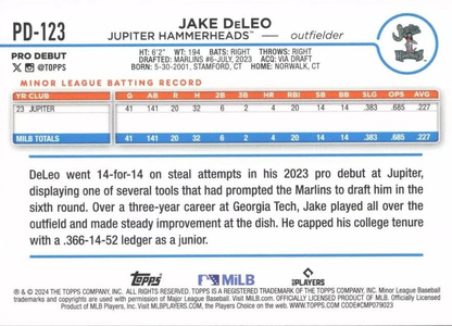 2024 Topps Pro Debut Jake DeLeo #PD-123 Jupiter Hammerheads