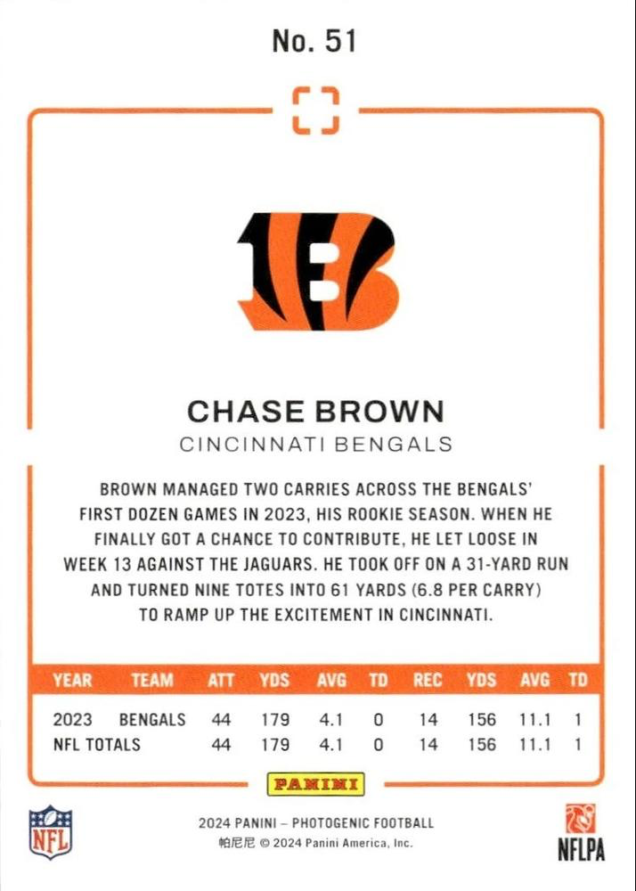 2024 Panini Photogenic Chase Brown #51 Cincinnati Bengals