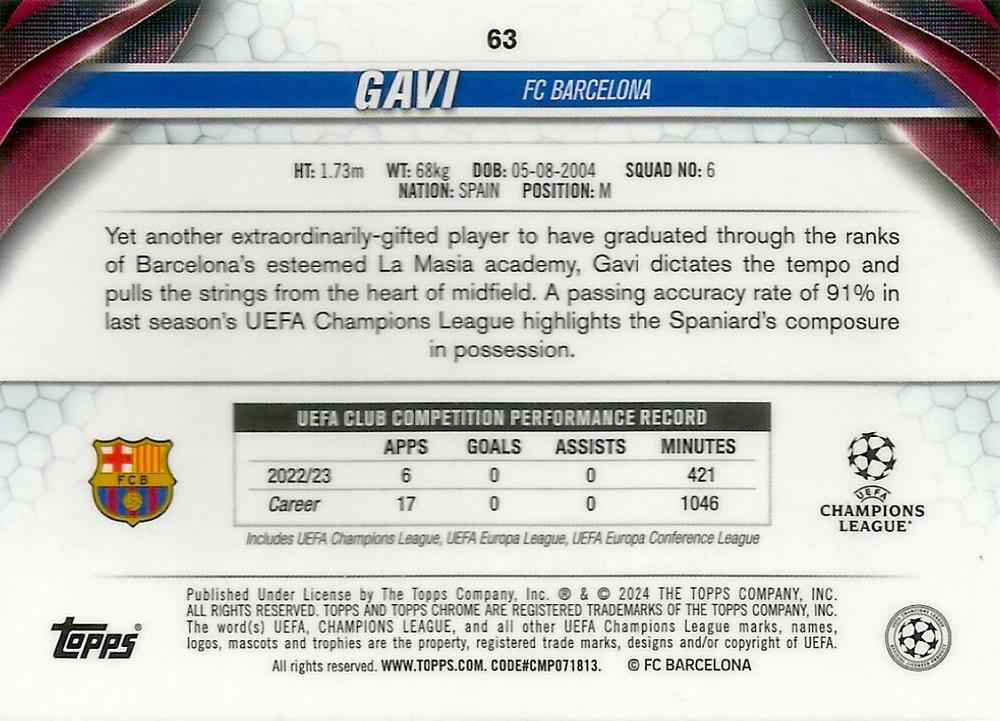 2023 Topps Chrome UEFA Club Competitions Gavi #63 FC Barcelona