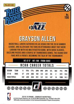 2018 Panini Donruss Rated Rookie Grayson Allen #156 Utah Jazz
