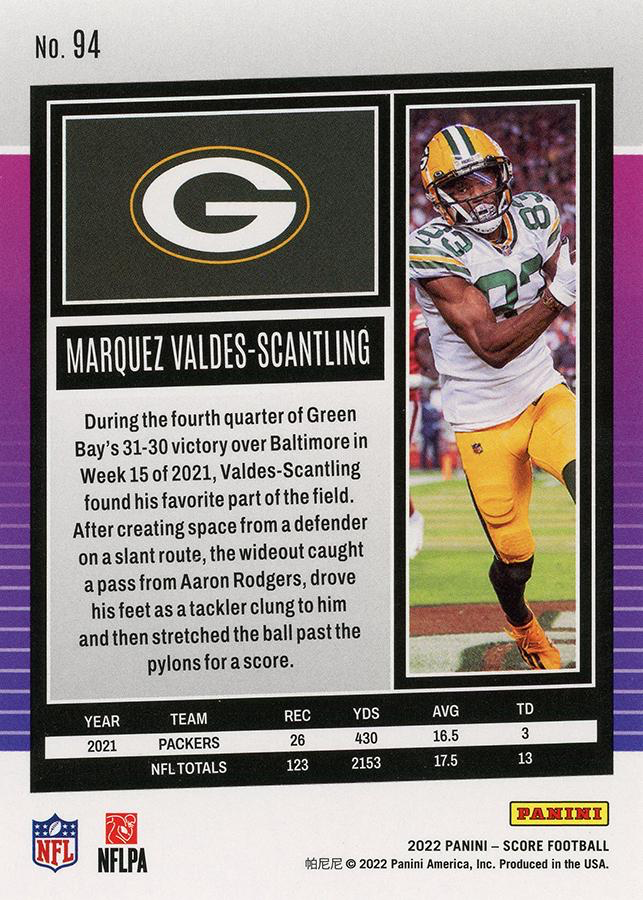 2022 Panini Score Marquez Valdes-Scantling Green Bay Packers #94
