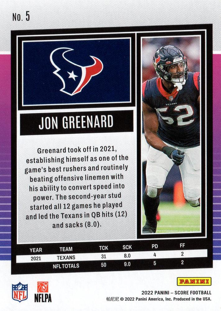 2022 Panini Score Jonathan Greenard Houston Texans #5