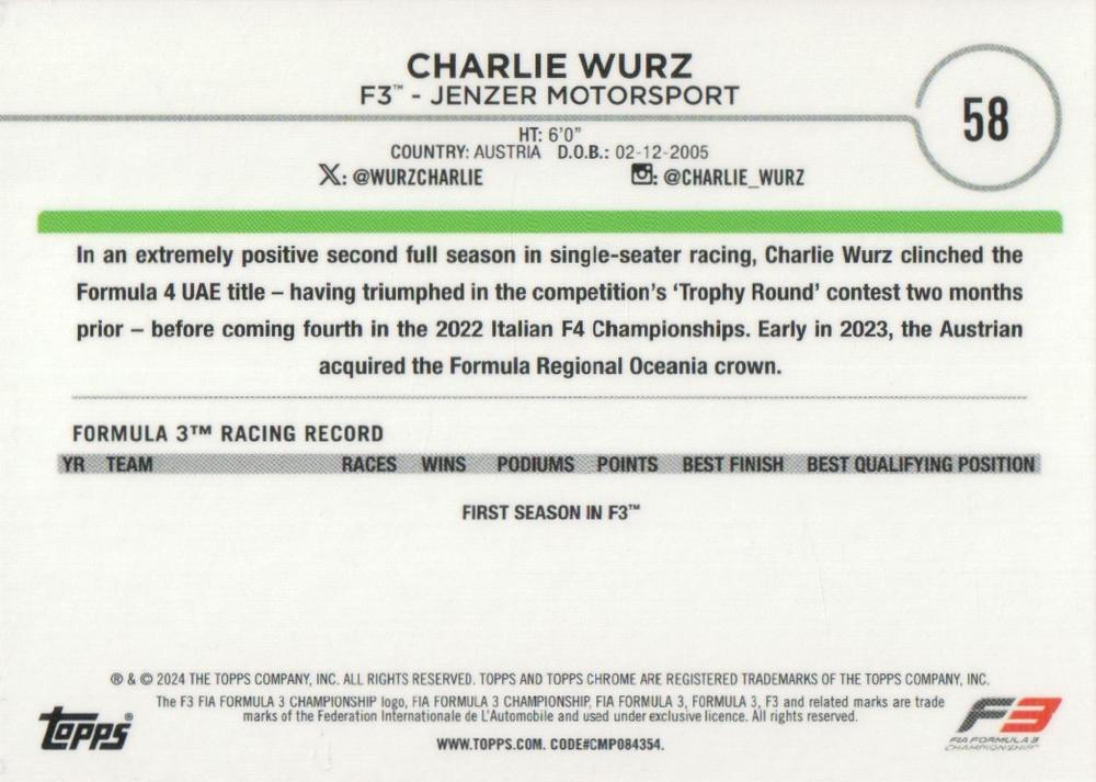 2024 Topps Chrome Formula 1 Charlie Wurz F3D #58 Jenzer Motorsport