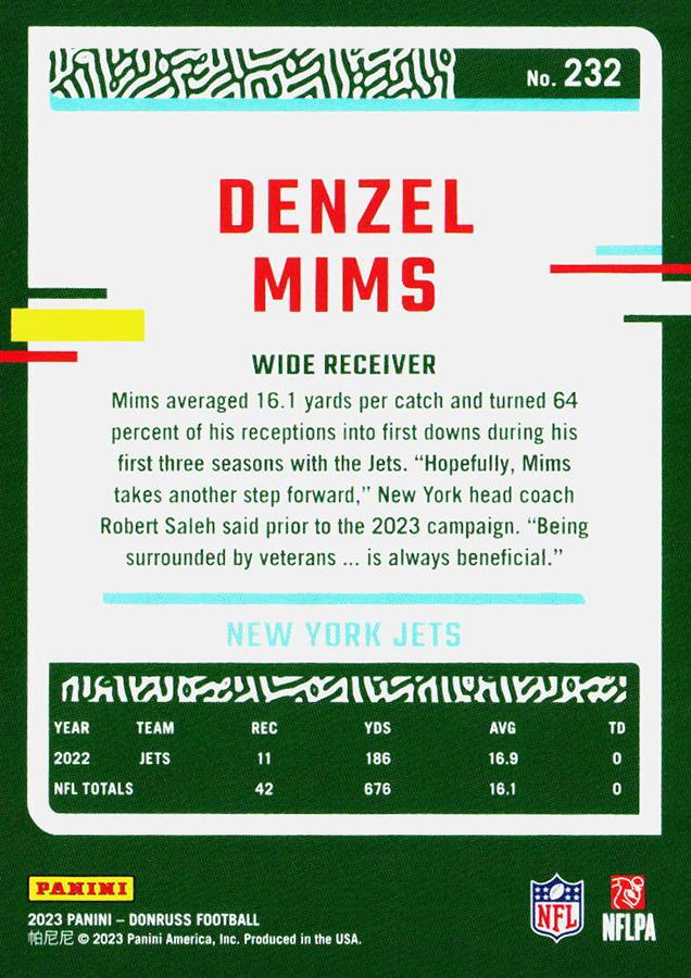 2023 Panini Donruss Denzel Mims #232 New York Jets