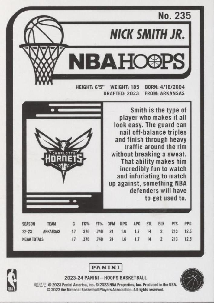 2023 Panini Hoops Nick Smith Jr. RC #235 Charlotte Hornets