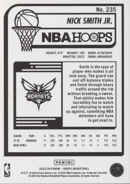 2023 Panini Hoops Nick Smith Jr. RC #235 Charlotte Hornets
