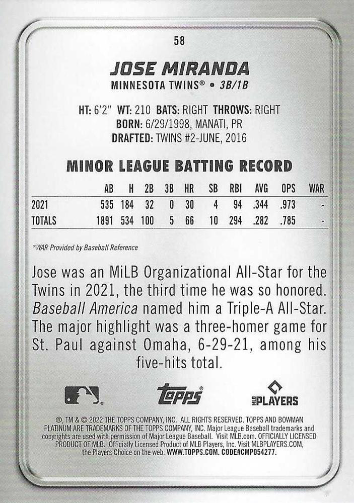 2022 Topps Bowman Platinum Jose Miranda RC Minnesota Twins #58
