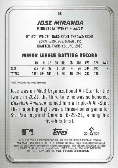 2022 Topps Bowman Platinum Jose Miranda RC Minnesota Twins #58