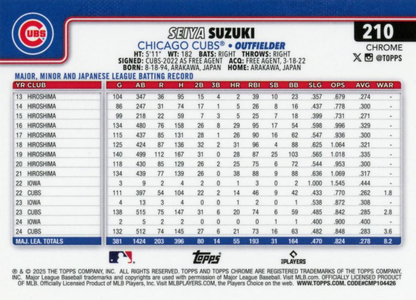 2025 Topps Chrome MLB Seiya Suzuki #210 Chicago Cubs