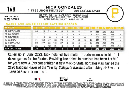 2024 Topps Series 1 Nick Gonzales RC Pittsburgh Pirates #168
