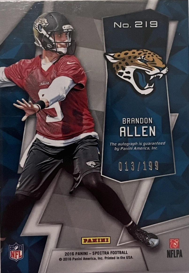 2016 Panini Spectra Autograph /199 Brandon Allen #219 Jacksonville Jaguars