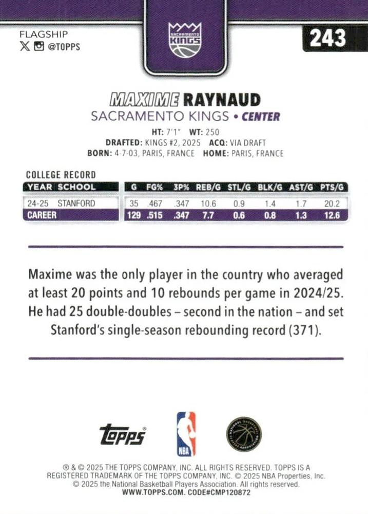 2025 Topps NBA Maxime Raynaud RC #243 Sacramento Kings