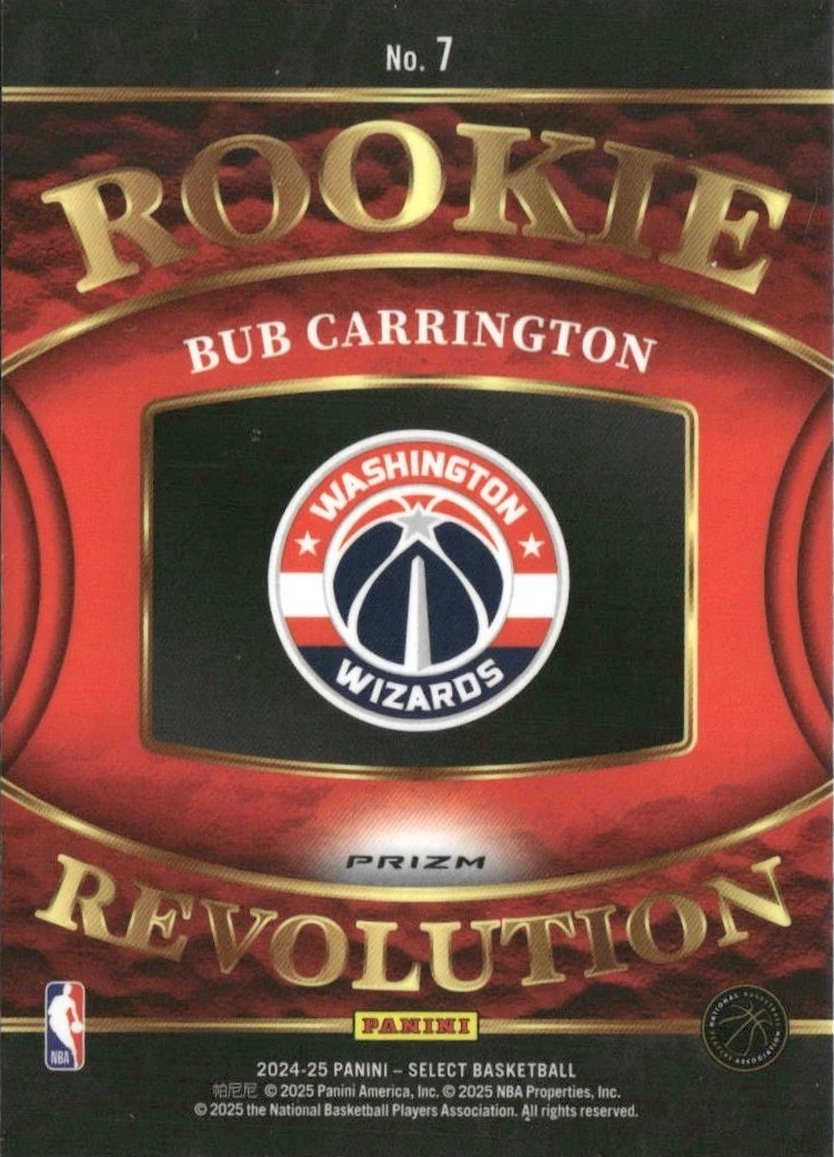 2024 Panini Select Rookie Revolution Green Prizm RC Bub Carrington #7 Washington Wizards