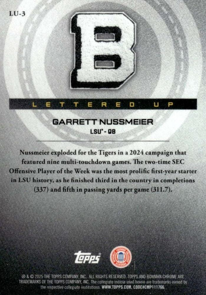 2025 Topps Bowman U Chrome Lettered Up Garrett Nussmeier #LU-3 LSU Tigers