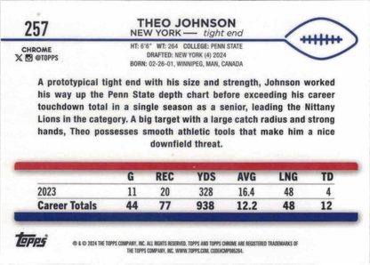 2024 Topps Chrome Football X- Fractor Theo Johnson RC #257 New York Giants
