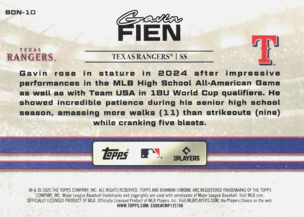2025 Topps Bowman Draft Draft Night Gavin Fien #BDN-10 Texas Rangers