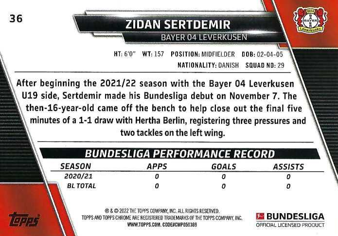 2021 Topps Chrome Bundesliga Zidan Sertdemir RC #36 Bayer 04 Leverkusen