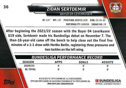 2021 Topps Chrome Bundesliga Zidan Sertdemir RC #36 Bayer 04 Leverkusen