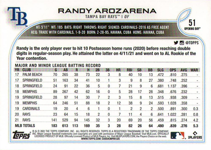 2022 Topps Opening Day Randy Arozarena ASR #51 Tampa Bay Rays