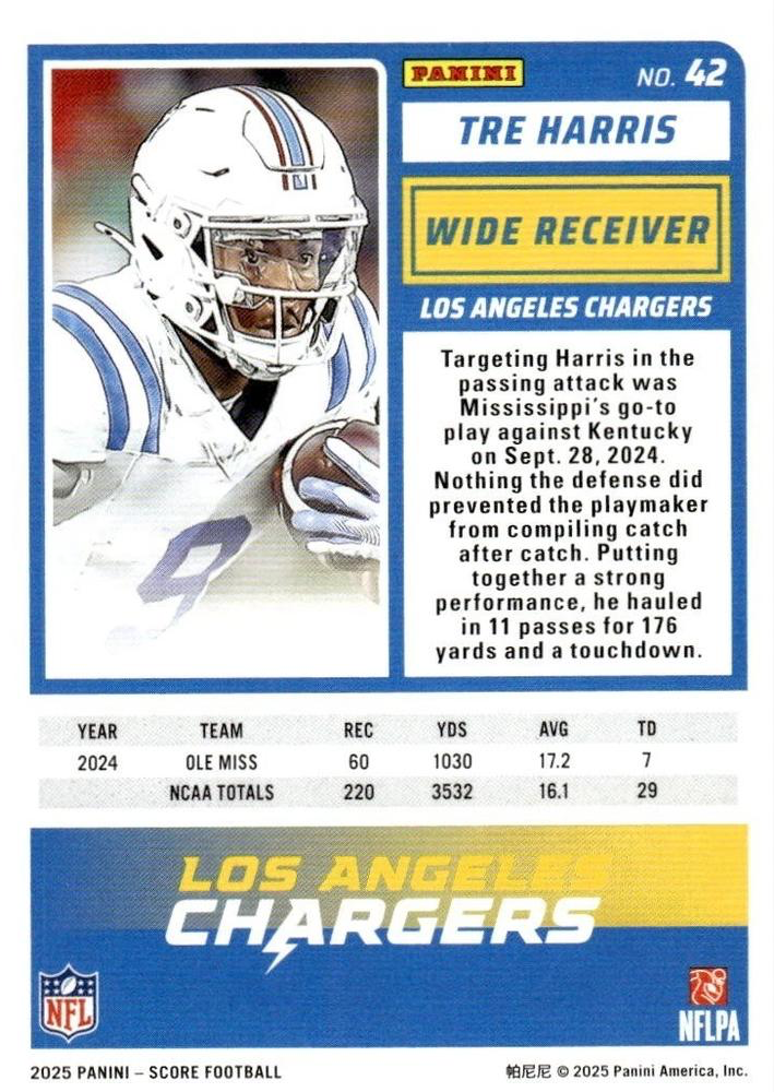 2025 Panini Score Tre Harris RC #42 Los Angeles Chargers