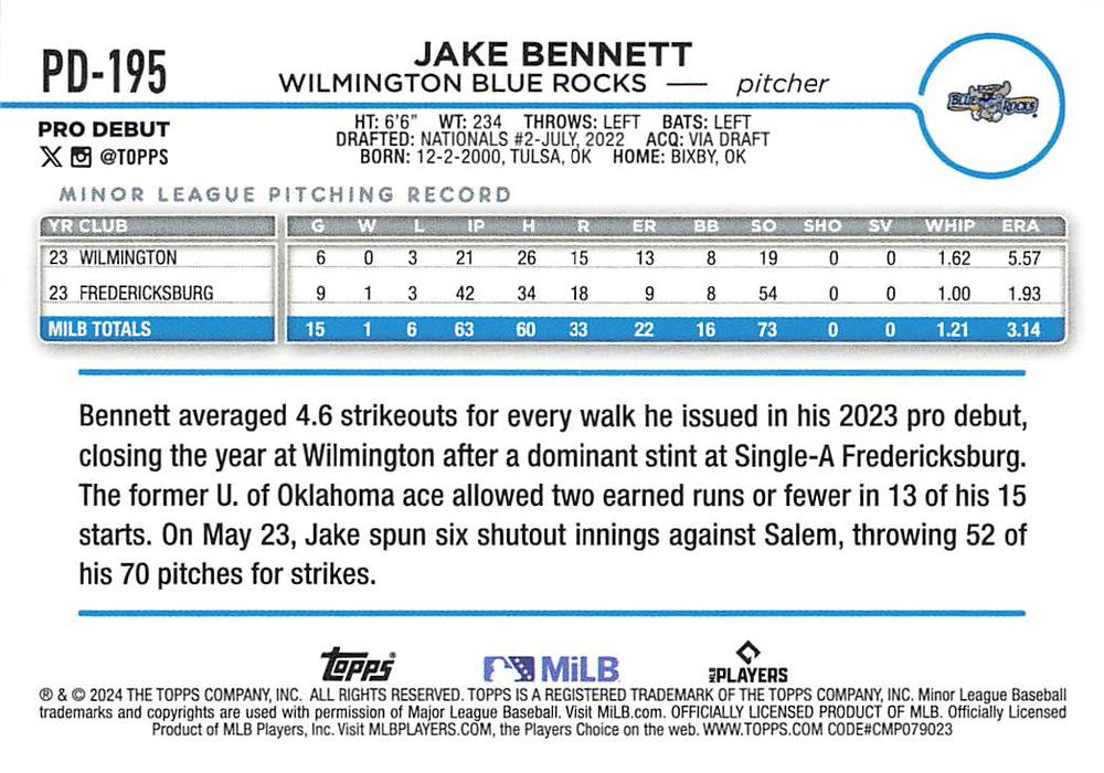 2024 Topps Pro Debut Jake Bennett #PD-195 Wilmington Blue Rocks