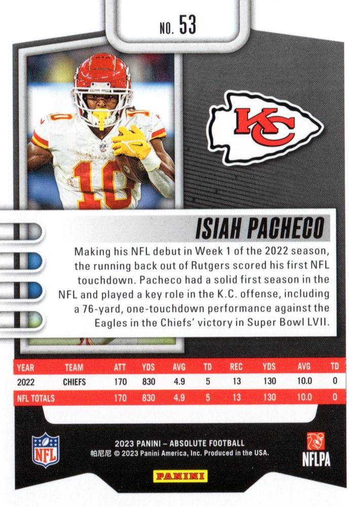 2023 Panini Absolute Isiah Pacheco #53 Kansas City Chiefs