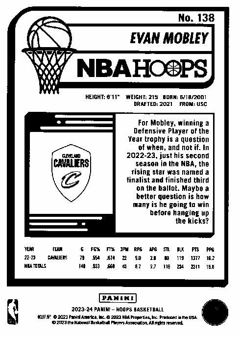 2023 Panini Hoops Evan Mobley #138 Cleveland Cavaliers