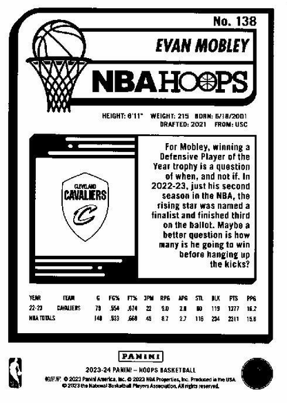 2023 Panini Hoops Evan Mobley #138 Cleveland Cavaliers