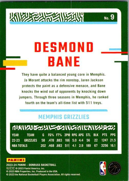 2023 Panini Donruss Desmond Bane #9 Memphis Grizzlies