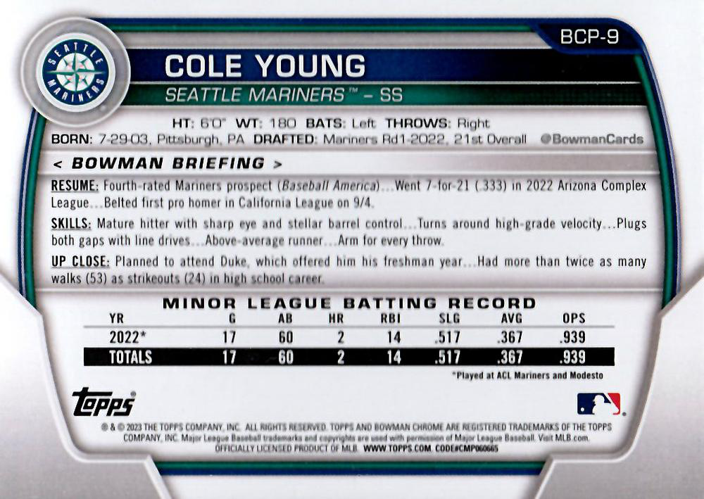 2023 Bowman Chrome Prospects Cole Young Seattle Mariners #BCP-9