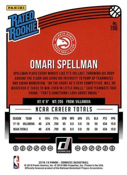 2018 Panini Donruss Rated Rookie Omari Spellman #196 Atlanta Hawks