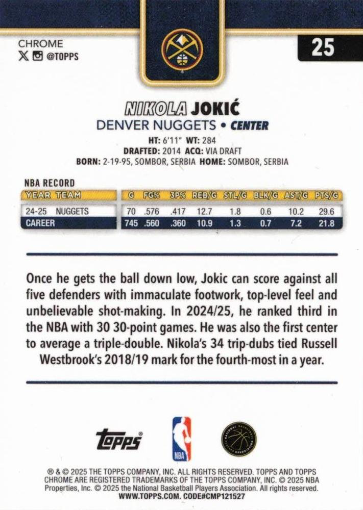 2025 Topps Chrome NBA Nikola Jokic #25 Denver Nuggets