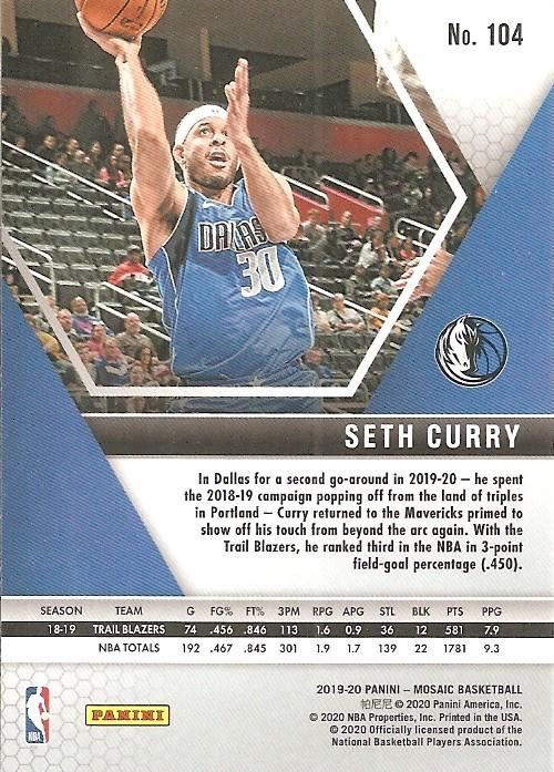 2019 Panini Mosaic Seth Curry #104 Dallas Mavericks